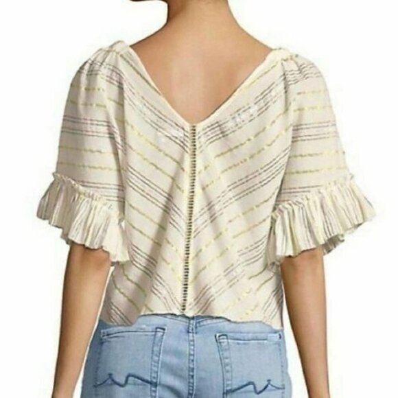 ❤ 3 For $35 Revolve Saylor metallic stripe  ruffle crop short sleeve blouse xs - Picture 3 of 15